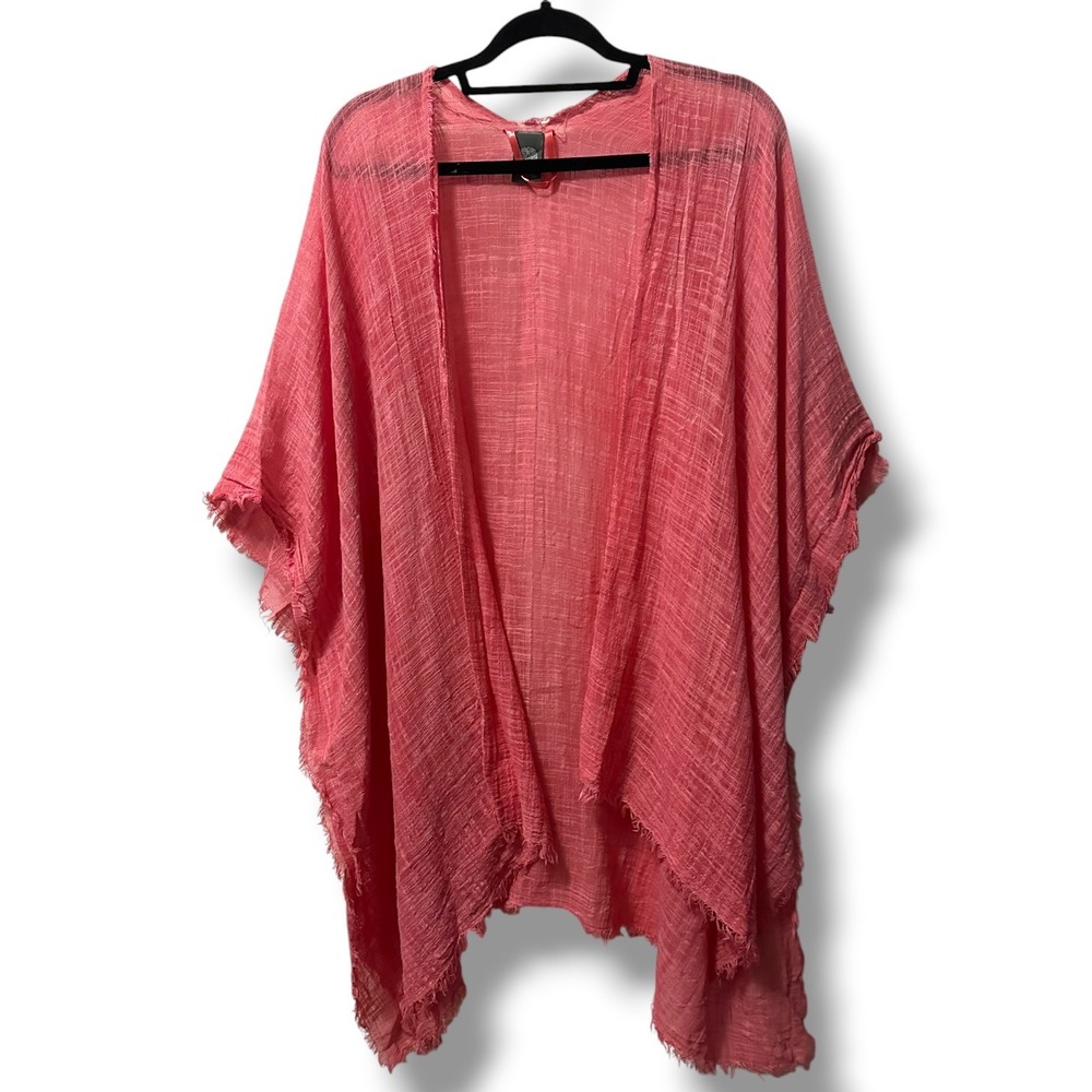 Vince Camuto Gauze‎ Kaftan Kimono Wrap Cotton Fringe Trim Open Front Pink O/S